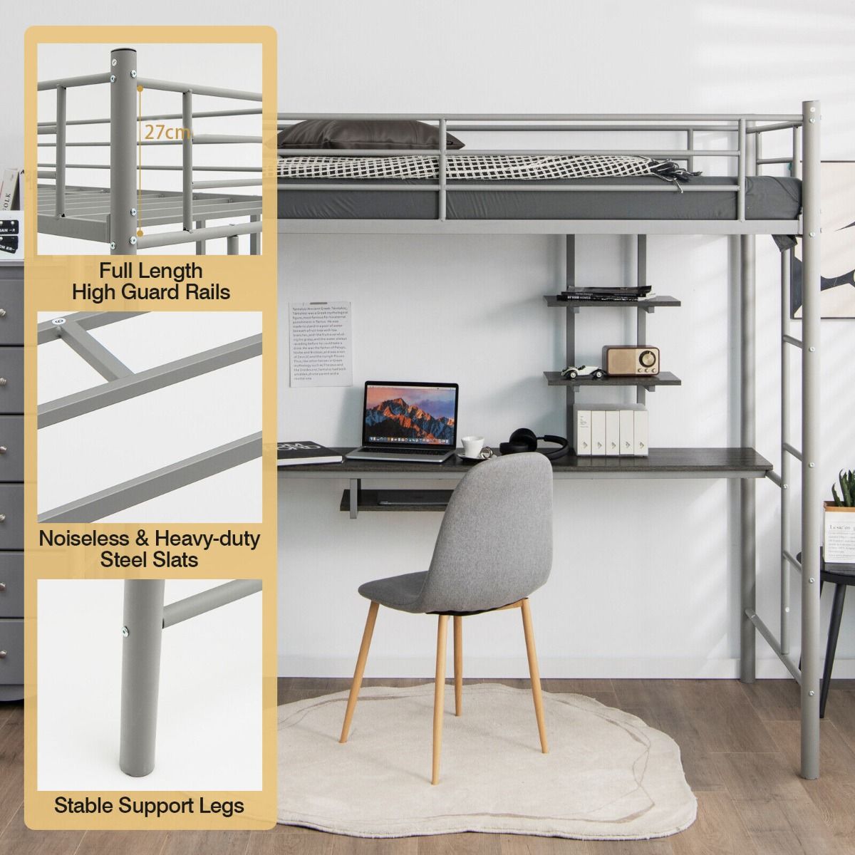 Metal Bunk Bed Frame High Sleeper with Desk and Storage Shelves Silver